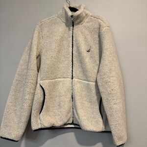 Nautica Men’s Zip Up Fleece Sherpa Sweater Oatmeal Gray Winter M